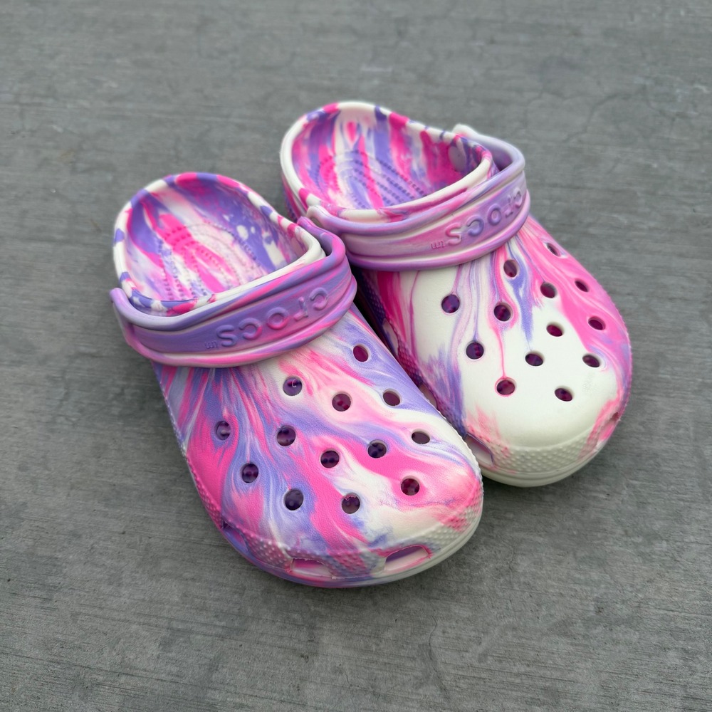 Crocs Kids Classic Marbled Clog Pink Purple White Glow in the Dark Size J2